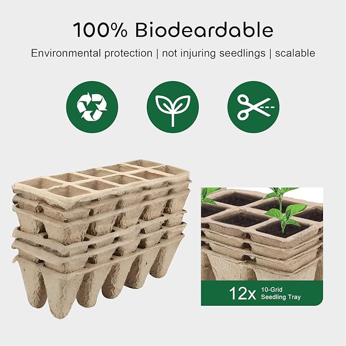 GROWNEER 120 Cells Peat Pots Seed Starter Trays 12 Packs Biodegradable Seedling Pots Germination Trays Organic Plant Starter Kit with 15 Pcs Plant Labels