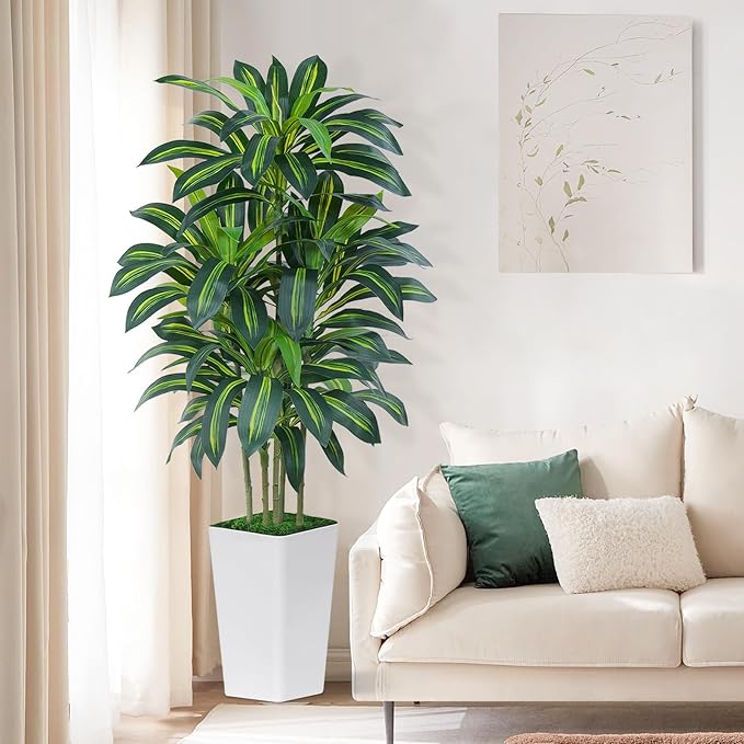6FT Artificial Dracaena Tree - High-Density Foliage Fake Plant with White Tall Planter - Faux Yucca Floor Plant for Home Office Decor Indoor