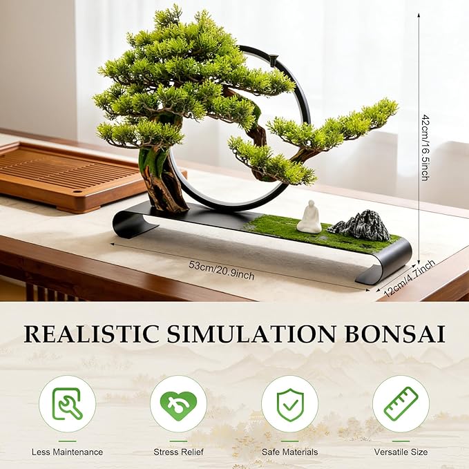 Zen Artificial Bonsai Tree with Adjustable LED Light Ring, Realistic Simulation Welcome Pine with Buddha Statue Decoration, Faux Potted Plant for Living Room Office Studies Meditation