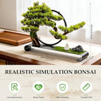 Zen Artificial Bonsai Tree with Adjustable LED Light Ring, Realistic Simulation Welcome Pine with Buddha Statue Decoration, Faux Potted Plant for Living Room Office Studies Meditation