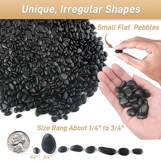 Mulctun 2lb Black Rocks for Planters- 1/4" - 3/4" Polished Black Stones Smooth Flat Pebbles for Fish Tanks Decorative River Rocks for Vases Bonsai Pots Garden Stones for Landscaping and Yards