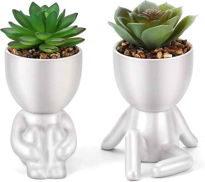 Fake Succulent, Mini Succulents Plants Artificial in White Modern Human Shaped Ceramic Pots Cute Desk Decor Pink Succulent for Office Decor for Women Girls, Desk Plant Cute Bathroom Decor 2PCS