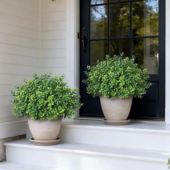 Set of 2 Artificial Boxwood Topiary Trees for Front Door - Faux Realistic Greenery Potted Plants, Fake Outdoor UV-Resistant Bushes with Pots for Porch,Farmhouse,Home,Garden Decor