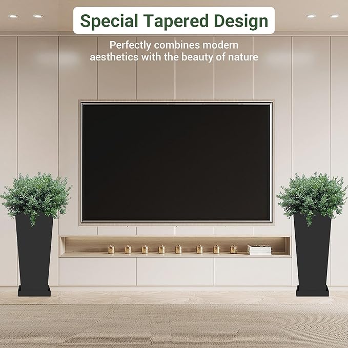 Metal Tall Planters 26 inch Set of 2, Durable Taper Planter with Drainage Holes & Rust-Proof Coating & Trays for Outdoor Indoor Garden Patio Front Door