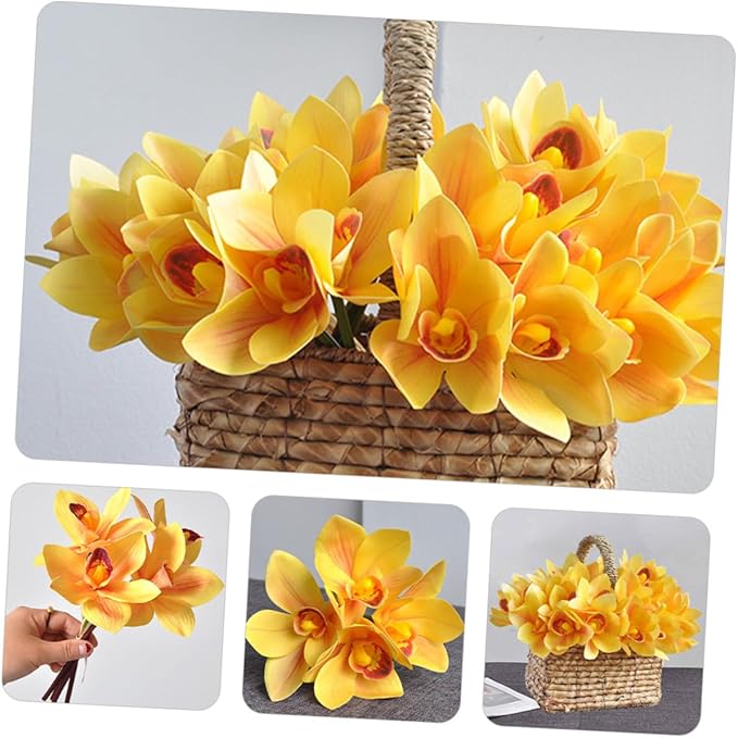 Hemobllo Artificial Silk Orchid Bouquet 2 Bundles, 4-Head Faux Phalaenopsis Flowers for Home Decor, Yellow Silk Flower Arrangement for Living Room and Event Decoration