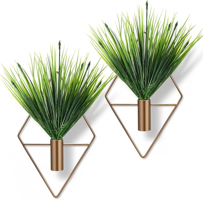 Canlierr 4 Pieces Bronze Wall Decor Hanging Planters with Artificial Aquatic Plants Metal Hanging Vase Indoor Plants Holder Modern Boho Wall Art for Bathroom Bedroom Living Room Decor