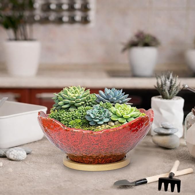 ARTKETTY Bonsai Pots - 9.06'' Ceramic Pots for Indoor Plants, Large Succulent Pots with Drainage Bamboo Tray, Unique Bonsai Tree Planters Round Cactus Flower Plant Container Bowl Home Office Decor