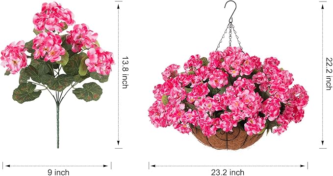 INSPRING Geraniums Artificial Flowers Hanging Basket for Outdoors Outside Spring Decoration, 8 Bundles Silk Flowers Fake Plants Look Real UV Resistant for Porch Home Patio Balcony Yard, Pink