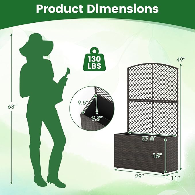 HAPPYGRILL Raised Garden Bed with Trellis, 49" Wicker Planter Box w/Privacy Screen, Liner, Drainage for Patio Balcony, Outdoor PE Rattan Elevated Garden Bed for Climbing Plant Vine Flower (Brown,2)