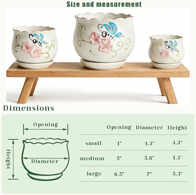 Vintage Flower Pots for Indoor Plant, Round Ceramic Plant Pots with Drainage Holes and Saucers, 6.7/5.2/3.9 Inches Retro Flower Planters Set of 3 (Vintage Butterfly)