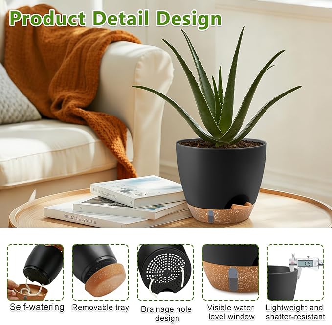 QRRICA Plant Pots 8/7/6.5/6/5.5/5 Inch Self Watering Pots, with Drainage Holes and Saucers,Water Level Indicator & Deep Reservoir,Large Plastic Planter for Indoor Out Door Plants (Black)