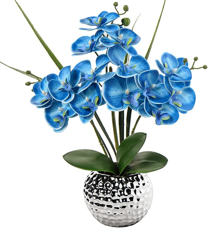 Briful Orchids Artificial Flowers, 20'' Blue Faux Orchid Flowers with Silver Vase Fake Phalaenopsis Silk Flowers for Home Coffee Table Bathroom Office Kitchen Decor