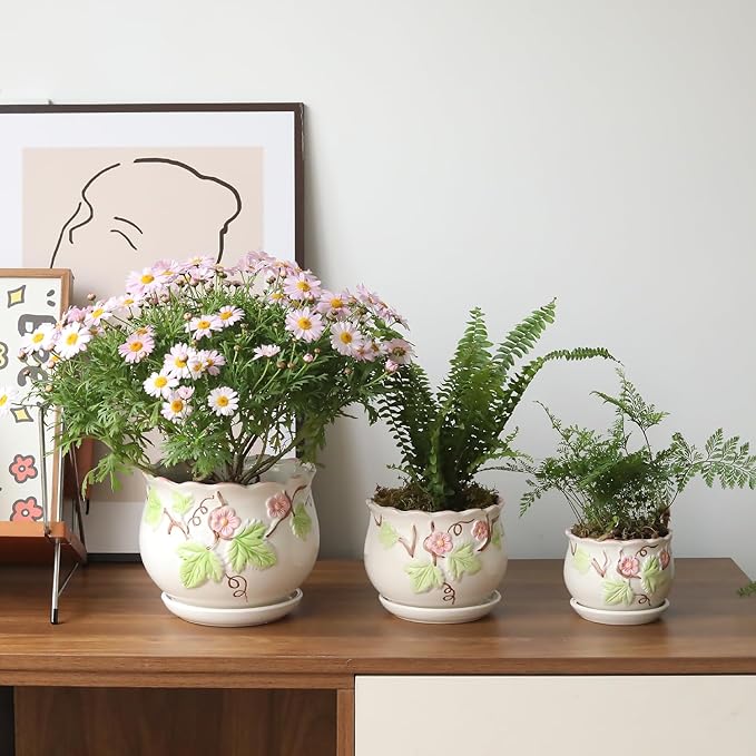 Ceramic Plant Pots with Drainage Holes and Saucers, Round Flower Pots for Indoor Plant, 4/5.2/6.6 Inches Vintage Flower Planters Set of 3