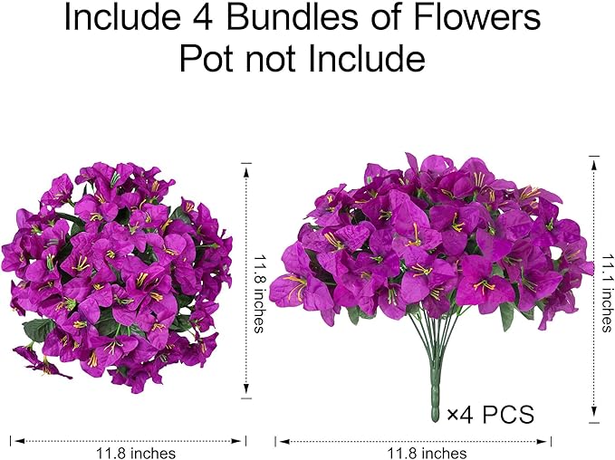 Bougainvillea Artificial Flowers for Outdoors Summer Decor, 4 Bundles Realistic Bougainvillea Fake Silk Outside Flowers UV Resistant Faux Plants for Outdoor Planters Porch Patio Window Garden, Fuchsia
