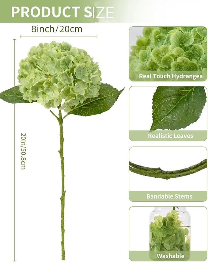 DuHouse 3Pcs Large Hydrangea Artificial Flowers,20 inch Latex Real Touch Hydrangeas Lifelike Hydrangea Flower for Home Wedding Bouquets Centerpieces Party Living Room Decoration(Green)