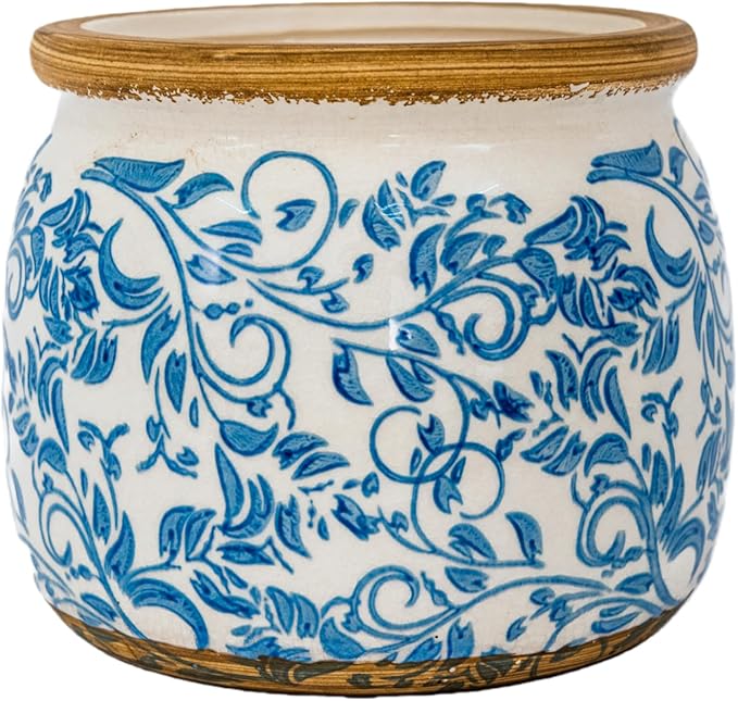 Vintage Ceramic Flower Pot - Indoor Outdoor Planters with Drainage Holes & Filter Screen, 6.5’’ Small Rustic Farmhouse Decorative Plant Pots for Garden/Patio/Balcony (Blue Vines, Small)