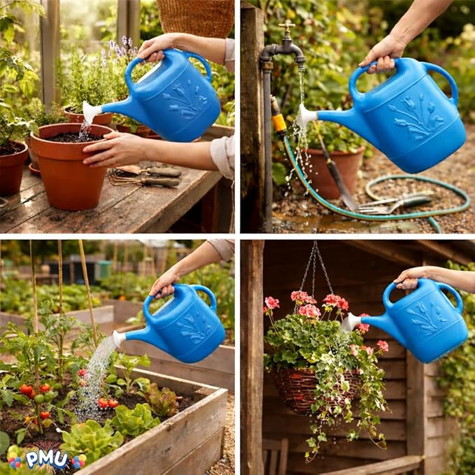 PMU 2 Gallon Watering Can - Garden Watering Can for Indoor & Outdoor Plants - Plastic Water Can with Detachable Sprinkler Head - Large Water Pot, Made in USA - Blue Pkg/6
