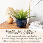 MyGift 7 Inch Round Blue Ceramic Plant Pot with Drainage Hole and Attached Saucer, Modern Decorative Embossed Sunburst Planter Container for Indoor Home Garden