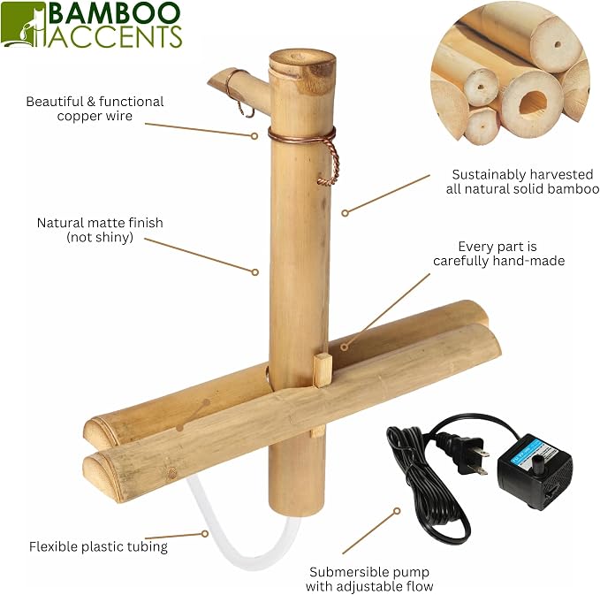 Bamboo Accents 12" Adjustable Bamboo Fountain Kit with Pump – Classic Zen Water Feature for Bowls, Basins, Water Gardens & Patio Decor, Indoor/Outdoor (Container Not Included)