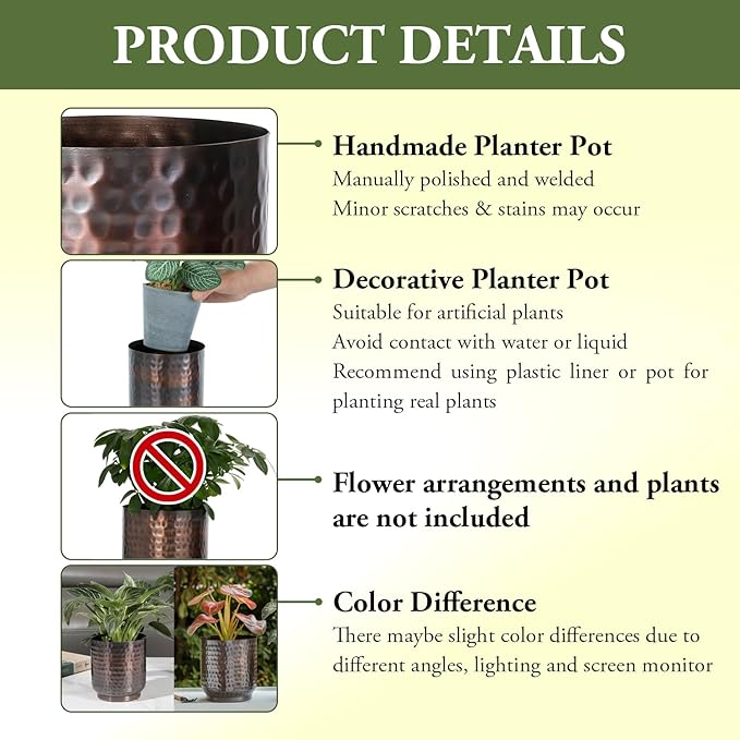 MyGift Handmade Hammered Vintage Copper Metal Plant Vase, Decorative Indoor Cylindrical Flower Planter Container, 5 and 6 Inch Pots, Handcrafted in India