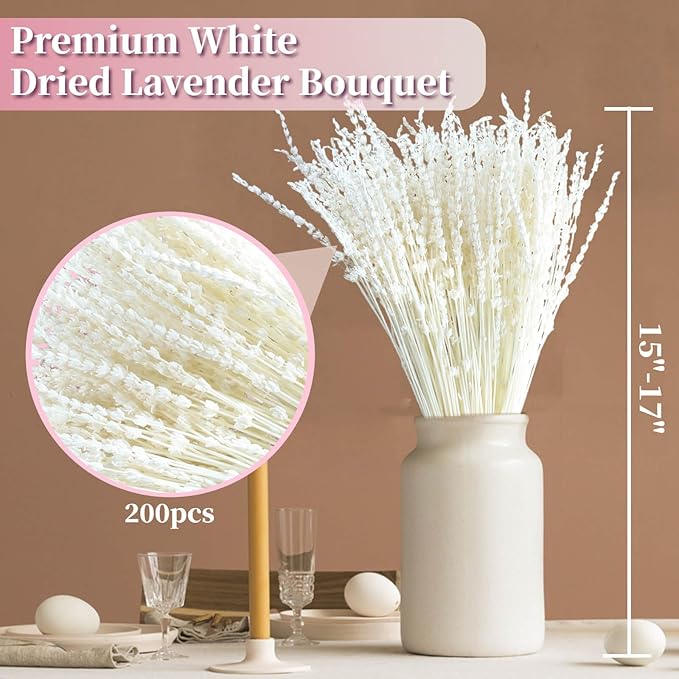Iory White 180+Stems Dried Lavender Flowers Bundle-15''-17''Real Bleaching Cream White Lavender Bouquet for Home Wedding Boho Party Vase Decor, Crafts, 2 Packs Silk Live Plants