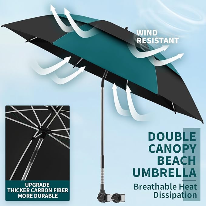 2 Pack 48.6" Double Canopy Beach Umbrella with Clamp, UPF50+ Beach Chair Umbrella with clip, 360°Adjustable Portable Outdoor(Hunter Green/Black, Not Include Chair)