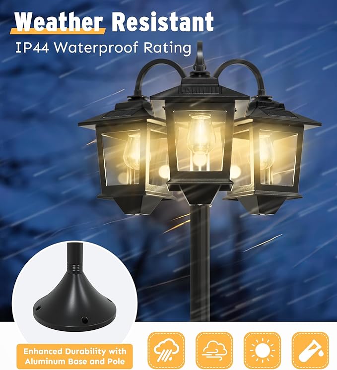 73" Aluminum Solar Lamp Post Light, 3-Head Solar Light Posts for Outside Waterproof, 90Lm Outdoor Lamps for Patio, Backyard, Front Porch Decor, Warm White, Replaceable Bulb
