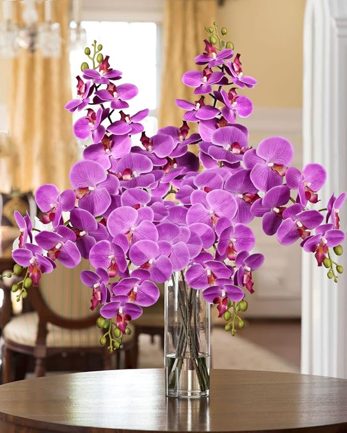 DILATATA Blooming Phalaenopsis Orchid 31.5" Tall Real Touch Artificial Orchid with 9 Large Flowers Fake Orchids Artificial Flowers for Decoration Home Arrangement-Purple Orchids Flowers 2pcs