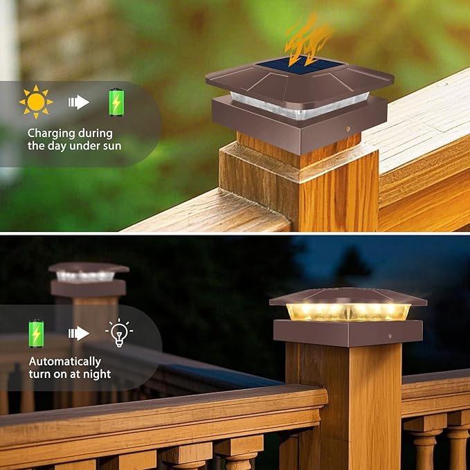 Peasur 4x4 Solar Post Cap Lights Outdoor with 3 Modes, 2 Packs Brown Fence Light Solar Powered Waterproof for 4x4 3.5x3.5 Wood/Vinyl Posts for Deck Yard Garden Patio Outside