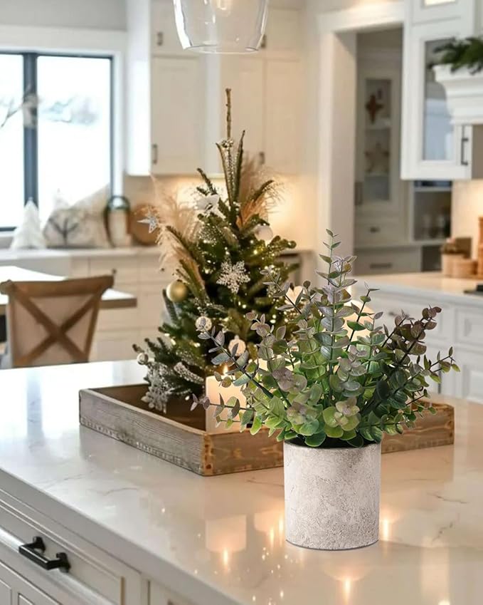 2 Pack Small Fake Plants Christmas Greenery Eucalyptus Potted Artificial Plants for Shelf Desk Home Bathroom Farmhouse Room Coffee Table Decor Christmas Decor(Purple)