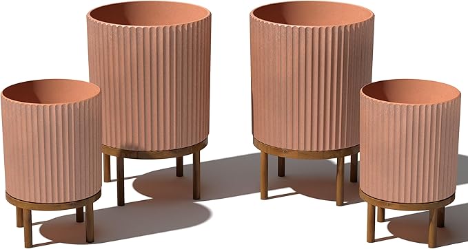 Veradek Demi Series Round Planter w/Stand for Porch/Patio | Durable Plastic-Stone Composite & Wooden Stand | Modern Décor for Tall Plants, Flowers