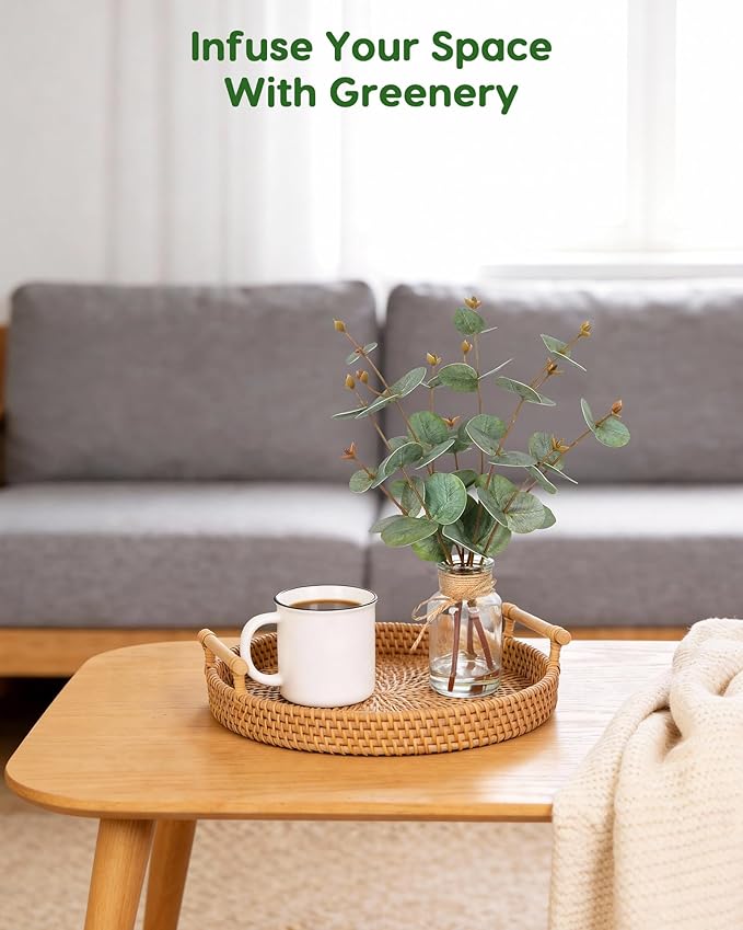 Velener Faux Eucalyptus Stems in Vase with Faux Water, Fake Plants Artificial Eucalyptus Plant for Home Decor, Kitchen Bathroom Farmhouse Living Room Coffee Table Faux Centerpieces for Tables Green
