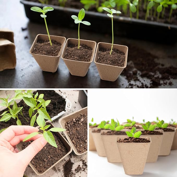 Baxrou 120 Pack 3.15 Inch Square Peat Pots for Seedlings, Seed Starting Pots with Drainage Holes Nursery Pot, Herb Seed Starter Pot Kits wit 30 Plant Labels, 2 Transplant Tools.