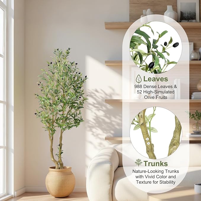 HZXGCP Olive Tree 5ft, Artificial Olive Tree with White Pot, Fake Tree with 1152 Dense Leaves & 64 High-Simulated Olive Fruits - Easy Assembly, Low Maintenance (Olive Tree 5ft)