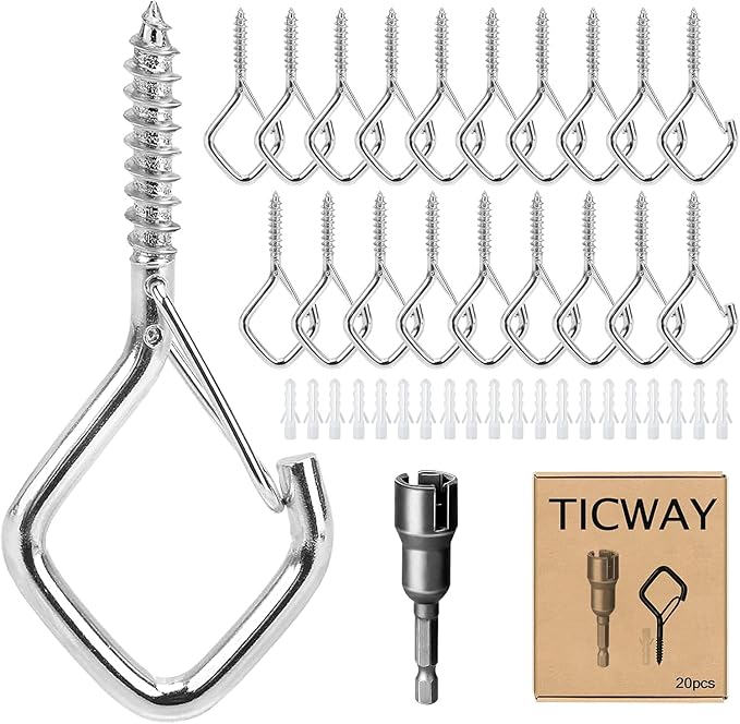 30 Pcs Outdoor Hooks for String Lights,Screw Hooks for Hanging Plants,Ceiling Hooks with Safety Buckle,Square Hanger for Wind Chimes,Bird Feeder,Lanterns,Christmas Decorations Silver