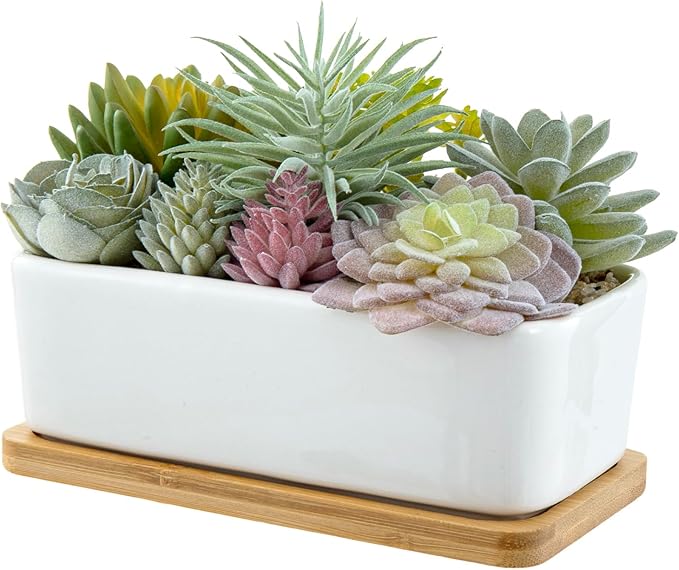 MyGift Assorted Artificial Succulent Plant Arrangement Potted in White Ceramic Planter Pot with Removable Bamboo Tray