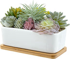 MyGift Assorted Artificial Succulent Plant Arrangement Potted in White Ceramic Planter Pot with Removable Bamboo Tray