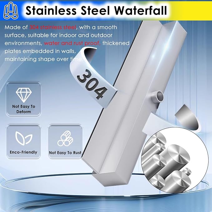 Stainless Steel Waterfall Fountain Kit - Rectangular Spillway for Patio, Backyard & Pond - Wall Recessed Pool Sprayer with Pipe Connector, Outdoor Water Feature