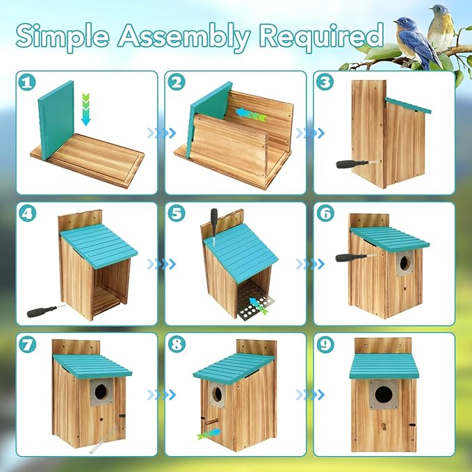 2 Pack Bird Houses for Outside - Cedar Bluebird Houses with Metal Predator Guard, Birdhouse for Wren Bluebirds Finches Swallows, Carbonized Wooden (Assembly Required)