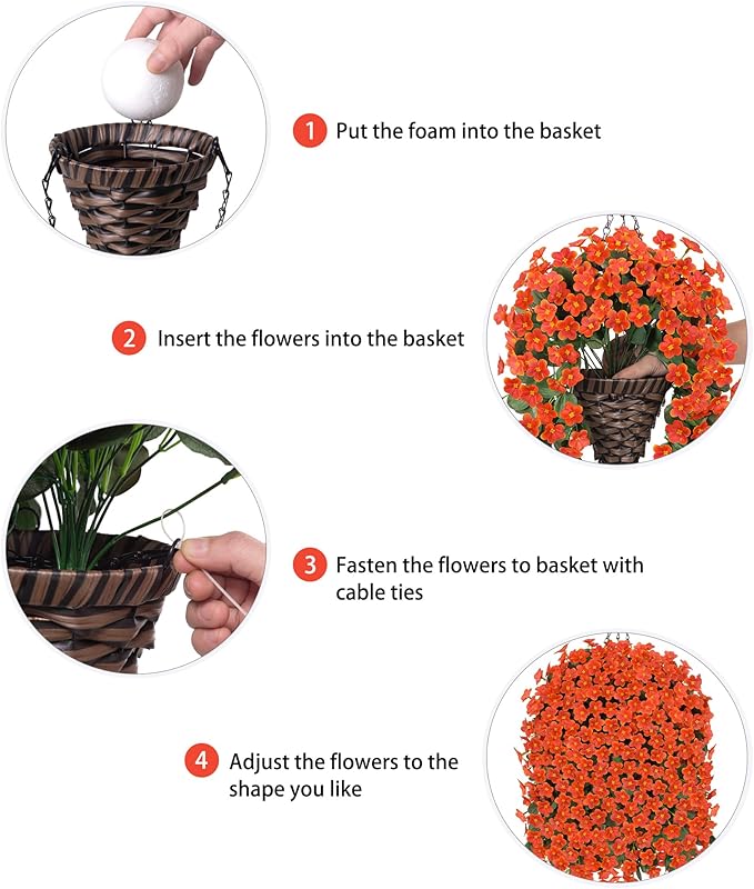 Artificial Fake Hanging Flowers Plants Baskets for Outdoor Outside, Faux Silk Orange Daisy Mums Trailing Vines in Planter Realistic UV Resistant for Balcony Porch Decor