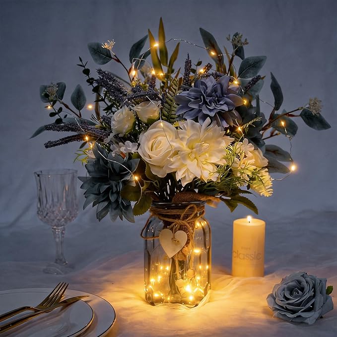 Fake Flowers with Vase, Silk Dusty Blue Rose Hydrangea Lavender Artificial Cemetery Flowers in Vase Faux Dahlia Flowers Arrangement for Table Centerpiece Summer Spring Gravesites Grave Home Decor