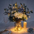 Fake Flowers with Vase, Silk Dusty Blue Rose Hydrangea Lavender Artificial Cemetery Flowers in Vase Faux Dahlia Flowers Arrangement for Table Centerpiece Summer Spring Gravesites Grave Home Decor