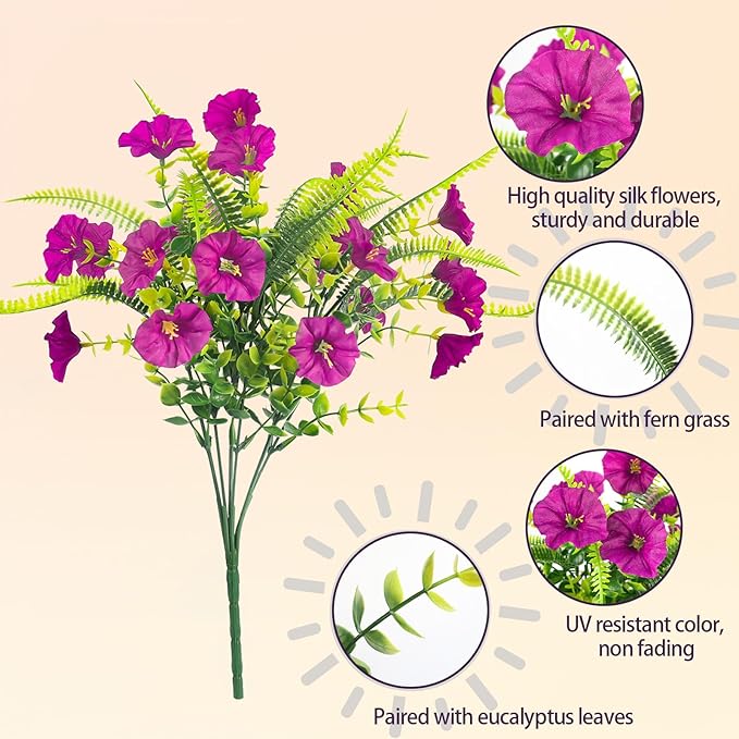 Artificial Flowers for Outdoors 12 Bundles Artificial Petunias Fake Flowers UV Resistant Shrubs Plants with Fern for Indoor Outside Hanging Planters Home Garden Spring Decorations (Magenta)