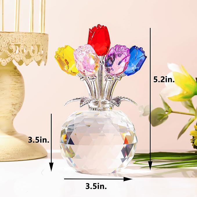 YWHL Handmade Crystal Colorful Rose Flower Figurine with Round Vase, Romantic Rose Gifts for Women on Anniversary Birthday Chrismas, Glass Rose for Grandma Mom Wife, Wedding Home Decorations