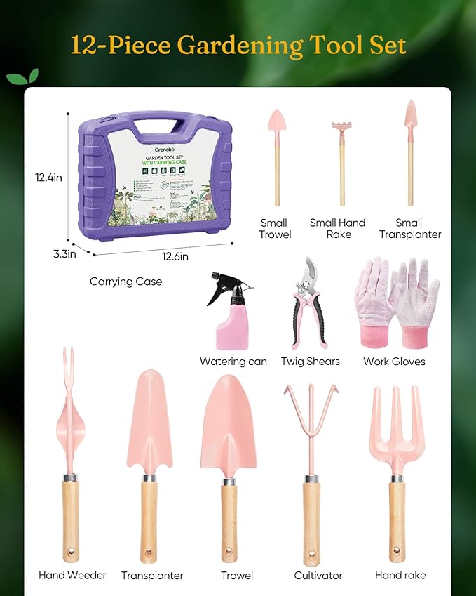 12-Piece Womens Gardening Tools Gift Set, Rust-Proof & Heavy-Duty Garden Tools with Durable Carrying Case, Fashionable & Thoughtful Gardening Gifts for Women&Men (Purple-Pink)