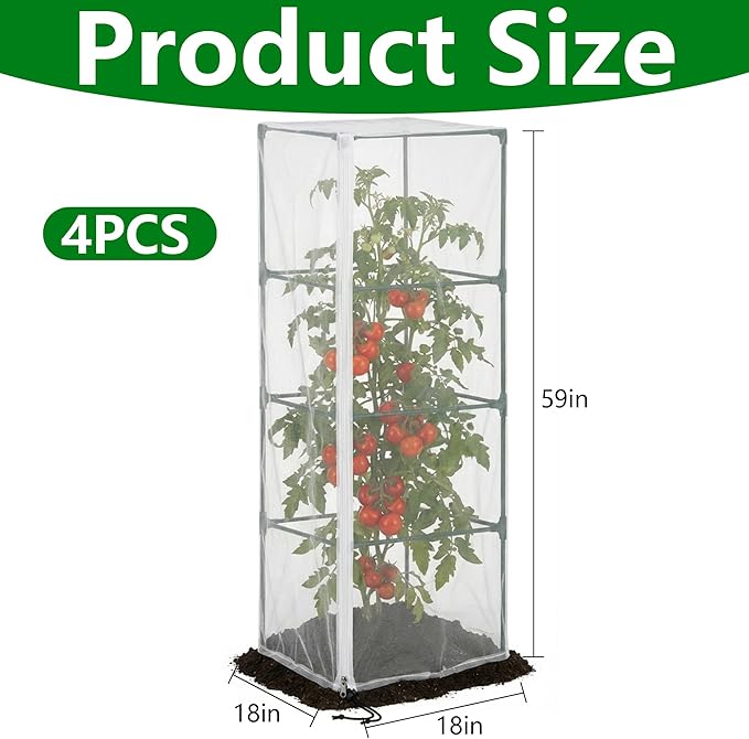 4 Pcs Garden Bird Netting for Square Plant Cage, 59" x 18" x 18" Tomato Cage Garden Net Cover with Zipper, Tomato Trellis Insect Bird Barrier Protection Mesh for Vertical Climbing Plants Vegetables