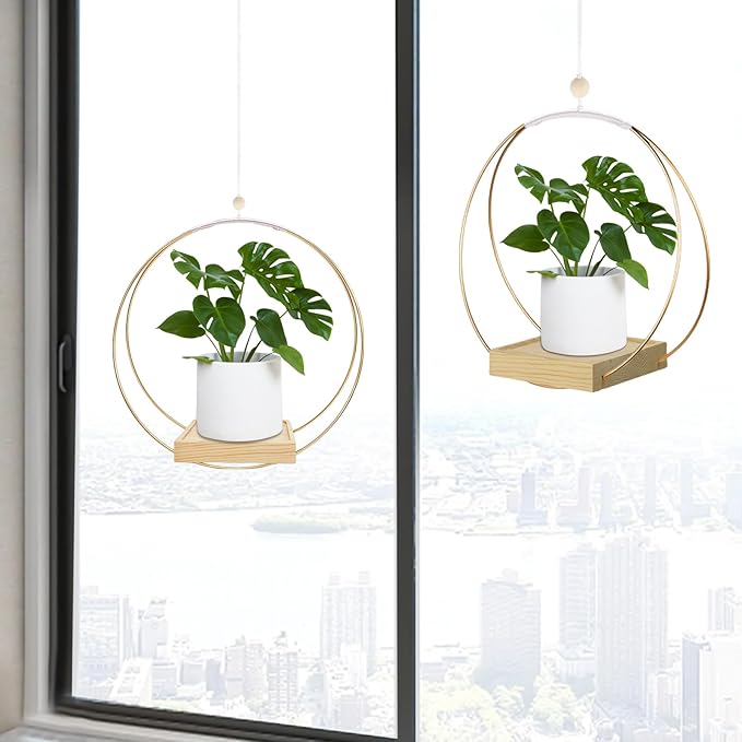 hismocal Hanging Planter for Indoor Plants, Plant Hanger with Sturdy Wood Base,Modern Boho Macrame Plant Hanger,Wall Ceiling Window Stands(Plants/Pots Not Included)
