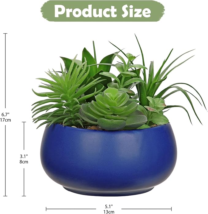 Hollyone Fake Plants Artificial Succulents in Pots Faux Succulent Arrangement Potted Plant in Blue Ceramic Planter Bowl for Home Decor Office Desk Bathroom Shelf Living Room Indoor Decorations