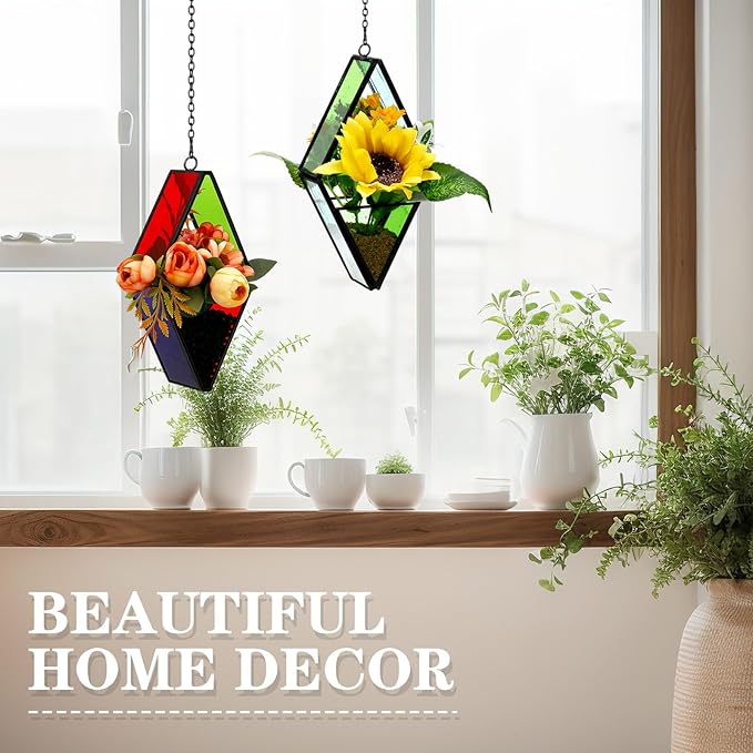 Hushee 4 Pcs Stained Glass Hanging Plant Terrariums Hanging Glass Planter Air Plant Holders with Chain for Window Christmas Home Decor Gifts for Mom Women, 7.87 x 3.94 x 1.97 Inch(Bright Color)