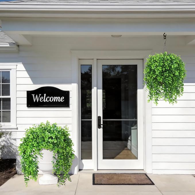 INQCMY Artificial Outdoor Plants Fake Hanging Greenery for Spring Summer Decoration, 4 pcs Realistic Faux Hanging Eucalyptus for Home Outside Garden Porch Patio Planters Basket